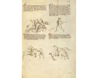 Fiore dei Liberi : Combat against an Equestrian Opponent with Lance (Fol. 46) (The Flower of Battle, c.1410) - Giclee Fine Art Print