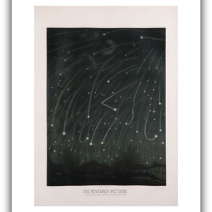 May include: A vintage illustration depicting a night sky filled with streaks of light from the November meteors. The image is in black and white with a dark background and white streaks of light. The text "THE NOVEMBER METEORS" is at the bottom of the image.