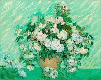 フィンセント・ファン・ゴッホ：静物画 - ピンクのバラが入った花瓶