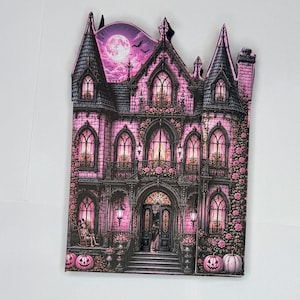 Ravenscroft Manor 3D-kortfolio-kit, spökhus-skräpjournal-kit, utskrivbar rosa gotisk Halloween, interaktiv folio i PDF-format