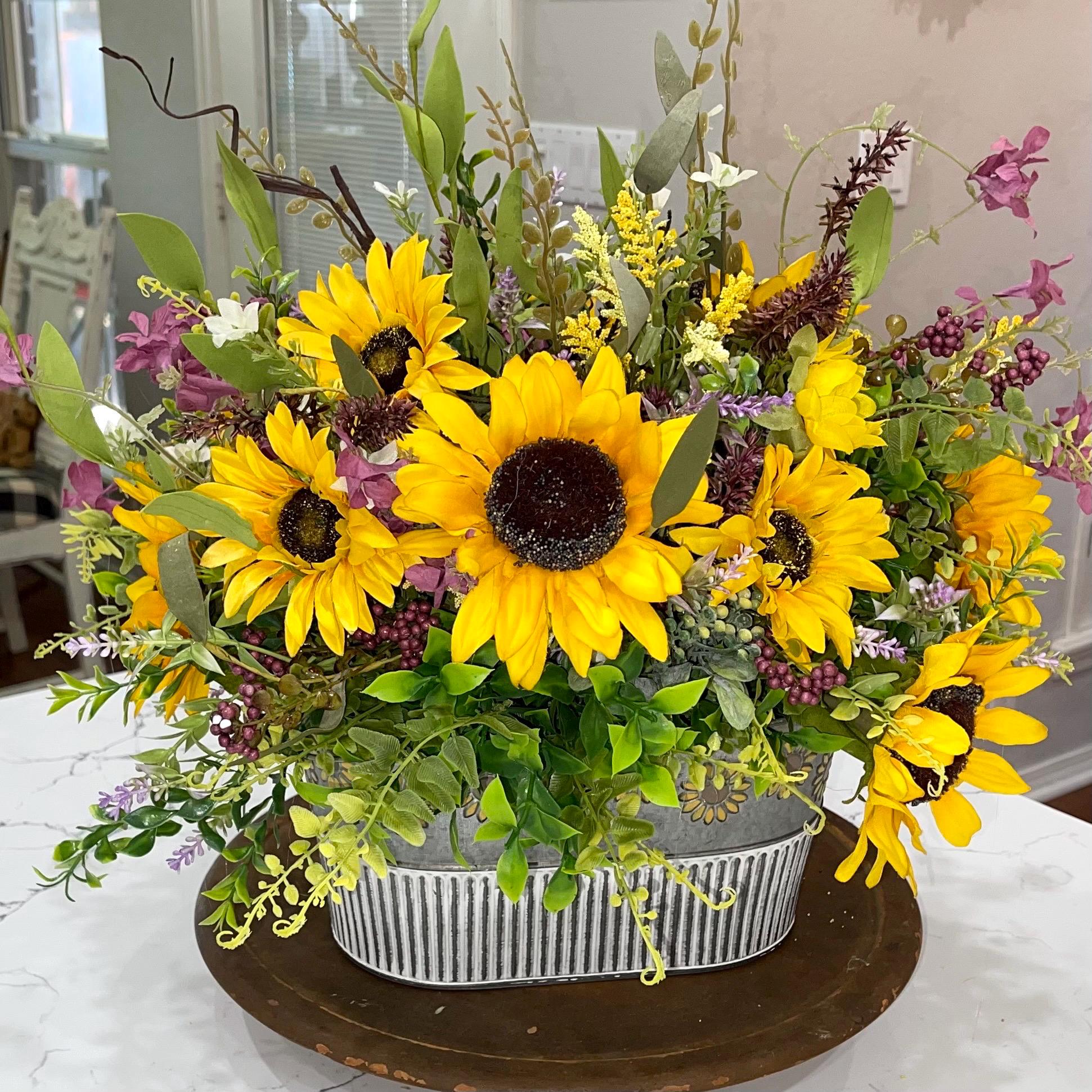 Sunflower Arrangement: Rustic Tin Bucket With Purple Florals - Etsy, image size:1941x1941