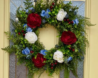 Patriotic Red White & Blue Wreath | Front Door Wreath or RV Wreath | Summer Americana Floral Wreath | Memorial Day 4th of July Decor
