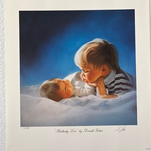 May include: A print titled "Brotherly Love" by Donald Zolan. The artwork depicts two young children, one looking at the other with affection. The older child is wearing a striped shirt. The background is a gradient of blue and white, creating a soft, dreamlike atmosphere.