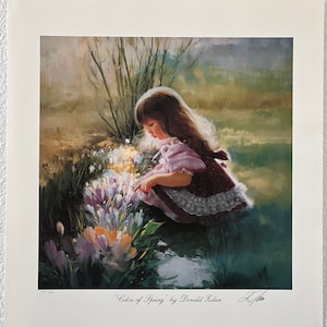 May include: A framed print titled "Colors of Spring" by Donald Zolan. The artwork depicts a young person in a pink dress, kneeling to admire colorful flowers. The scene is set in a grassy area with a soft, painterly style.