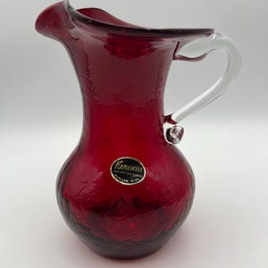 Vintage Kanawha Ruby Red Glass Pitcher – Hand Blown 1970s West Virginia Art Glass Vase