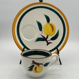 Stangl Pottery Fruit A Peach Pattern Snack Set | 4 Sets Available | Hand Painted NJ Pottery | Mid Century Cup and Plate Duet