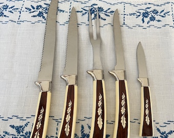 Regent Sheffield England Stainless Steel Chef Kitchen Knife Set Oak Leaf Pattern Circa 1960’s