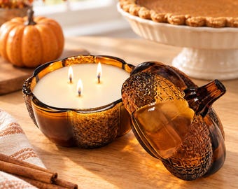 Pumpkin Pie Soy Candle in Amber Glass Pumpkin Jar, Large Fall Candle, Thanksgiving Hostess Gift, Autumn Home Decor