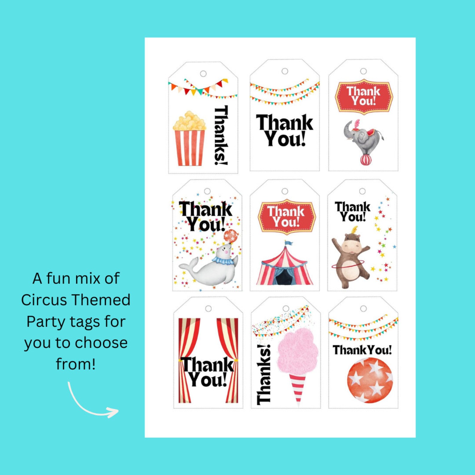 Printable Circus Themed Party Favor Tags Circus Thank You Tags ...