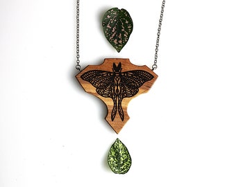 Luna Moth Necklace, Mandala Pendant, Wood Jewelry, Hand Crafted, Hippie Boho, Statement Piece, Bohemian Style, Wood Art, Gift for Her