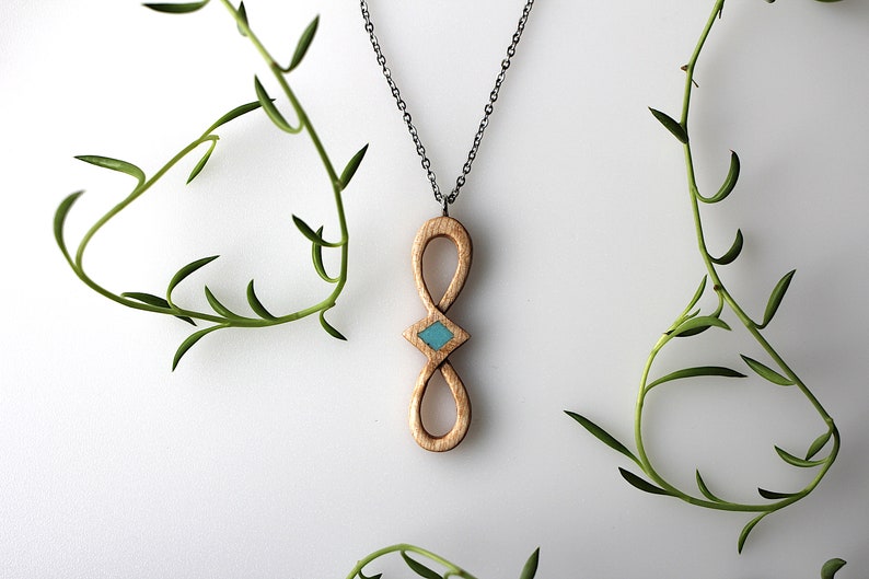 Wood and Turquoise Infinity Necklace, Eternal Love Jewelry, 5th