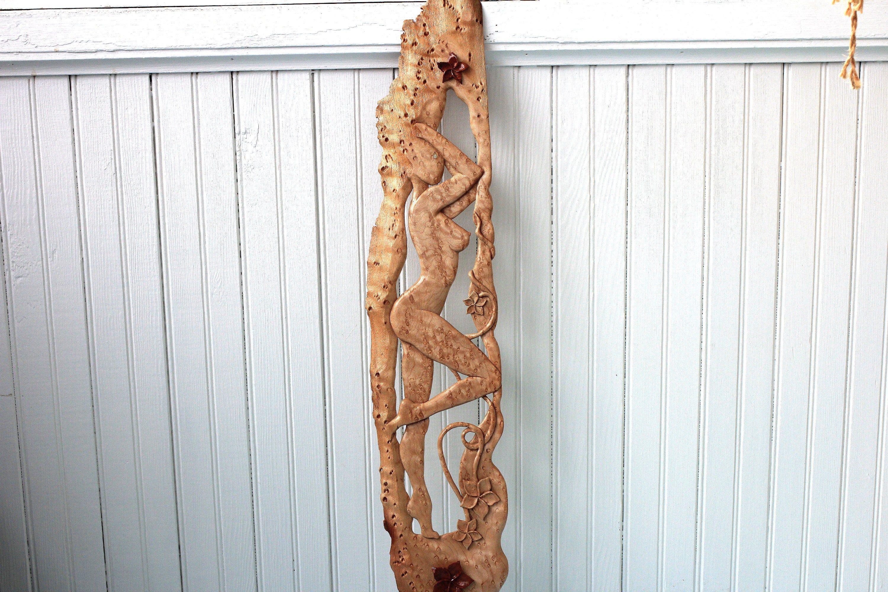 Birds Eye Maple Carving of Naked Woman, Fine Woodworking Wall Art