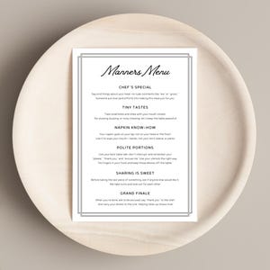 Printable Manners Menu for Kids | 5x7 Table Manners Chart | Dining Etiquette Rules for Home or Classroom | Homeschool Behavior Printable