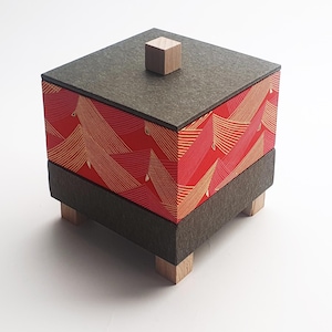 Pode incluir: Uma caixa decorativa quadrada com tampa e base cinza escuro, e laterais vermelhas com um padrão geométrico dourado. A caixa tem um pequeno cubo de madeira em cima e assenta em quatro pequenos pés de madeira.