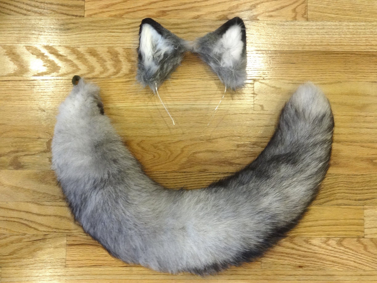 Custom Grey Wolf Ears And Xxl Recycled Real Fox Fur Tail Etsy