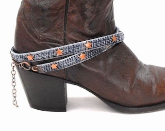 Blue denim boot strap with copper stars, single faded jeans cowboy adjustable shoe bracelet, rodeo jewelry gift for women