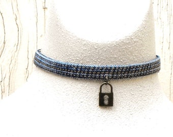 Upcycled denim choker necklace with antique brass padlock charm, re-purposed blue jeans collar jewelry for women, bohemian textile jewelry