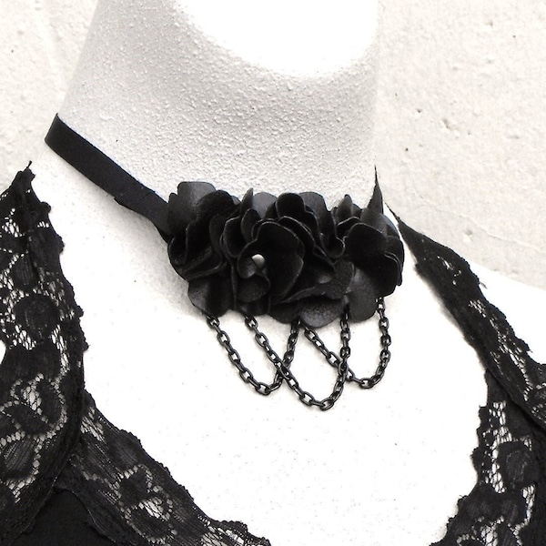 Black floral necklace with romantic leather blossoms, handmade bridal wedding flowers choker, gothic jewelry gift for women, ribbons ties