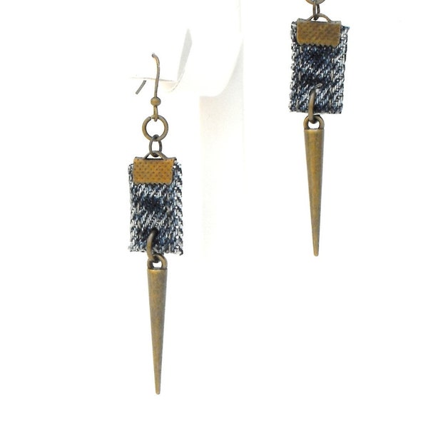 Denim earrings with bronze spike drops, punk upcycled jeans jewelry for man or woman, stylish rebel chic, 3" long