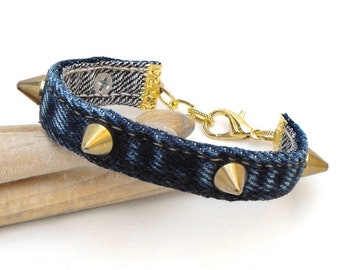 Gold spike denim bracelet, upcycled dark blue denim jewelry with bright gold-tone studs, heavy metal textile cuff for up to 7.25 inch wrist