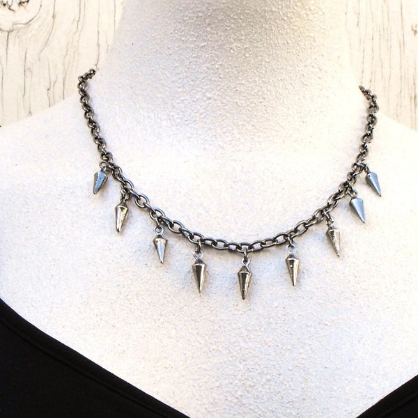 Gunmetal spikes necklace, industrial attitude jewelry gift for women, goth style dark silver metal plumb bob charms