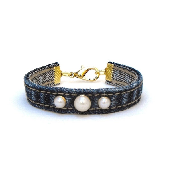 Ladys blue denim cuff with faux pearls, slightly faded jeans jewelry for women, gold-tone hardware, 6-7" wrist options, classic cute gift