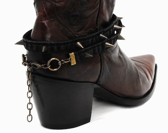 Spiked boot strap: Single faded black upcycled denim boot anklet, antique brass