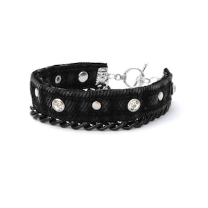 Black jeans cuff with chain and rhinestones for up to a 6.5&quot; wrist, upcycled denim bracelet, textile jewelry for women