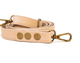 Faux leather purse strap adjustable up to 56", cross-body replacement band, 3/4" wide cream-almond leatherette with antique brass hardware