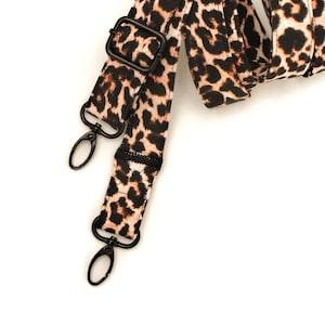 Messenger tote strap with black hardware, 1&quot; wide leopard animal print fabric, replacement clip-on purse band, extra-long adjusts up to 64&quot;