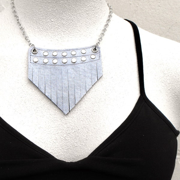 Leather geometric necklace, metallic gray jewelry for women, pewter color fringe pendant, silver-tone angular statement necklace