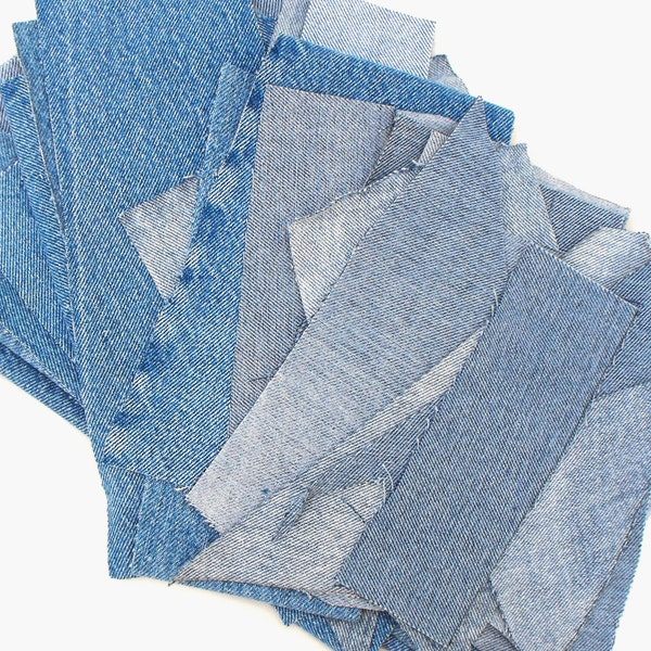 Faded blue denim scraps, 11 oz. jeans odds and ends, 26 pieces, patchwork projects, doll house decor, collage