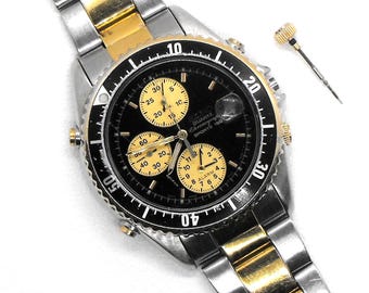 Vintage Seiko chrono watch: 7T32-F03H 2 tone black dial alarm chronograph PARTS OR REPAIR, runs