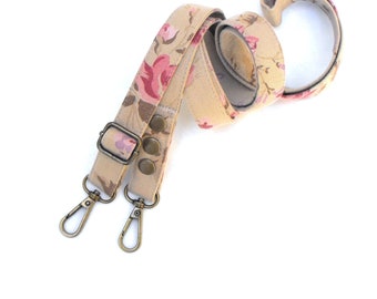 Extra long floral messenger strap for women, upcycled denim fabric, adjustable up to 64 inches, 3/4 inch wide, khaki with pretty pink roses