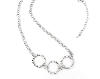 Triple circles necklace, 3 silver-tone hammered texture discs on chain, three rings, past present future, cute gift