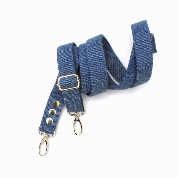 Blue denim and gold messenger strap, 1" wide upcycled repurposed jeans fabric with gold-tone hardware, extra-long adjustable up to 62.5"