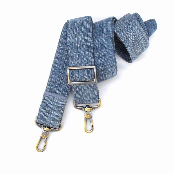 Extra long purse strap with brushed brass hardware, 58.5" adjustable upcycled blue denim clip-on replacement band, 1.5" wide