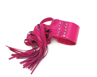 Pink leather bracelet for larger wrist, hot pink long fringe jewelry, plus size fuschia strips cuff with studs, rock n roll woman