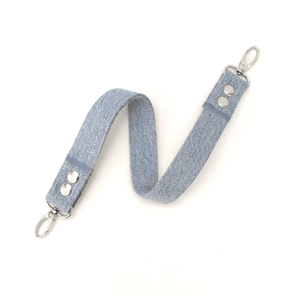 Single blue denim purse handle, one vegan clip-on 19.75" replacement strap with silver-tone hardware, 1" wide, upcycled faded jeans strap