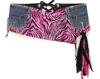 Hip hugger belt: Pink black zebra print, denim pockets, 30-3/8" plus lacing, small