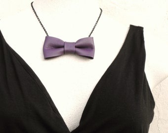 Purple leather bow-tie necklace, unique dark mauve  jewelry for women, lavender bow pendant on black metal chain