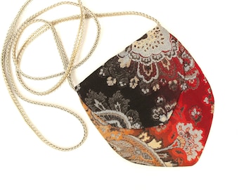 Fabric evening bag: Red, gold and brown floral paisley brocade purse, super-long 71.5" strap