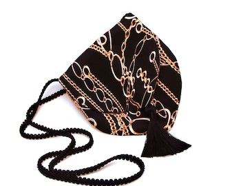 Black and gold purse: Chain print fabric flat pouch with tassel, 48" shoulder strap