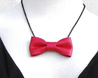 Red leather bow necklace: Bow-tie pendant, jewelry for women, crimson on black metal chain
