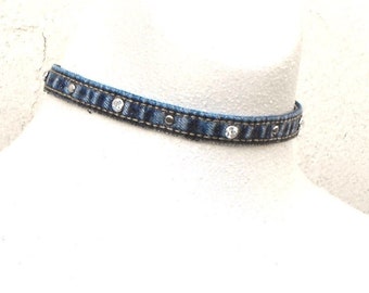 Upcycled denim choker: Rhinestone studded rock and roll collar, 3 sizes available