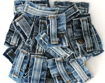 30 blue jeans belt loops on back fabric, recycled pieces of distressed denim for crafts, denim scraps, textile art components