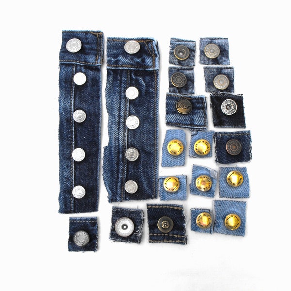 Scrap denim pieces with metal hardware, 27 random used blue jean riveted buttons on back fabric, upcycling altered art supply