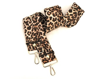 Leopard print strap with gold-tone hardware, 2" wide stylish fabric crossbody replacement clip-on handle, 52.5" long fixed length