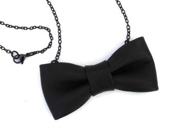 Leather bow necklace, black bow-tie pendant, pretty leather jewelry gift for women, black metal chain