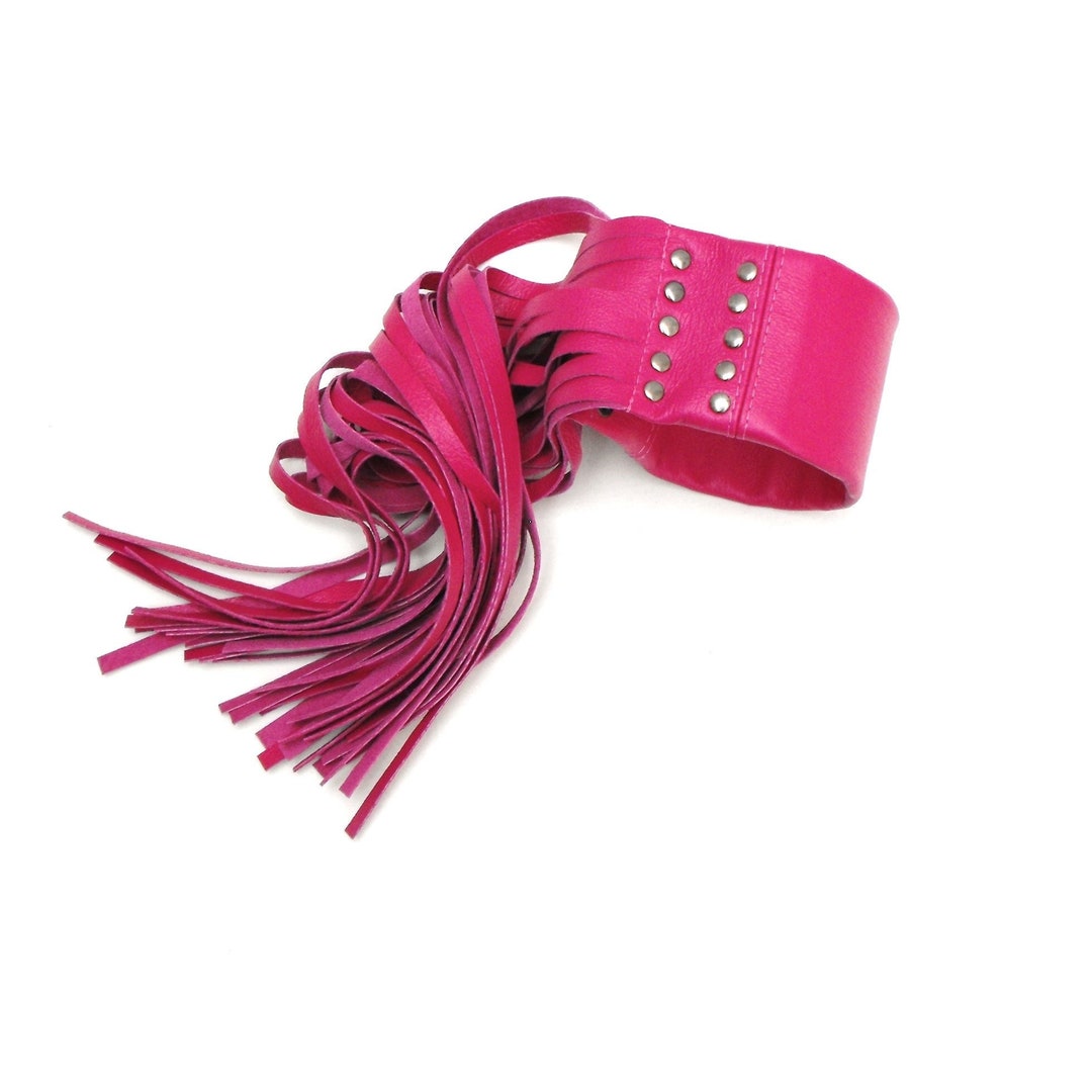 Pink Leather Bracelet for Larger Wrist, Hot Pink Long Fringe Jewelry